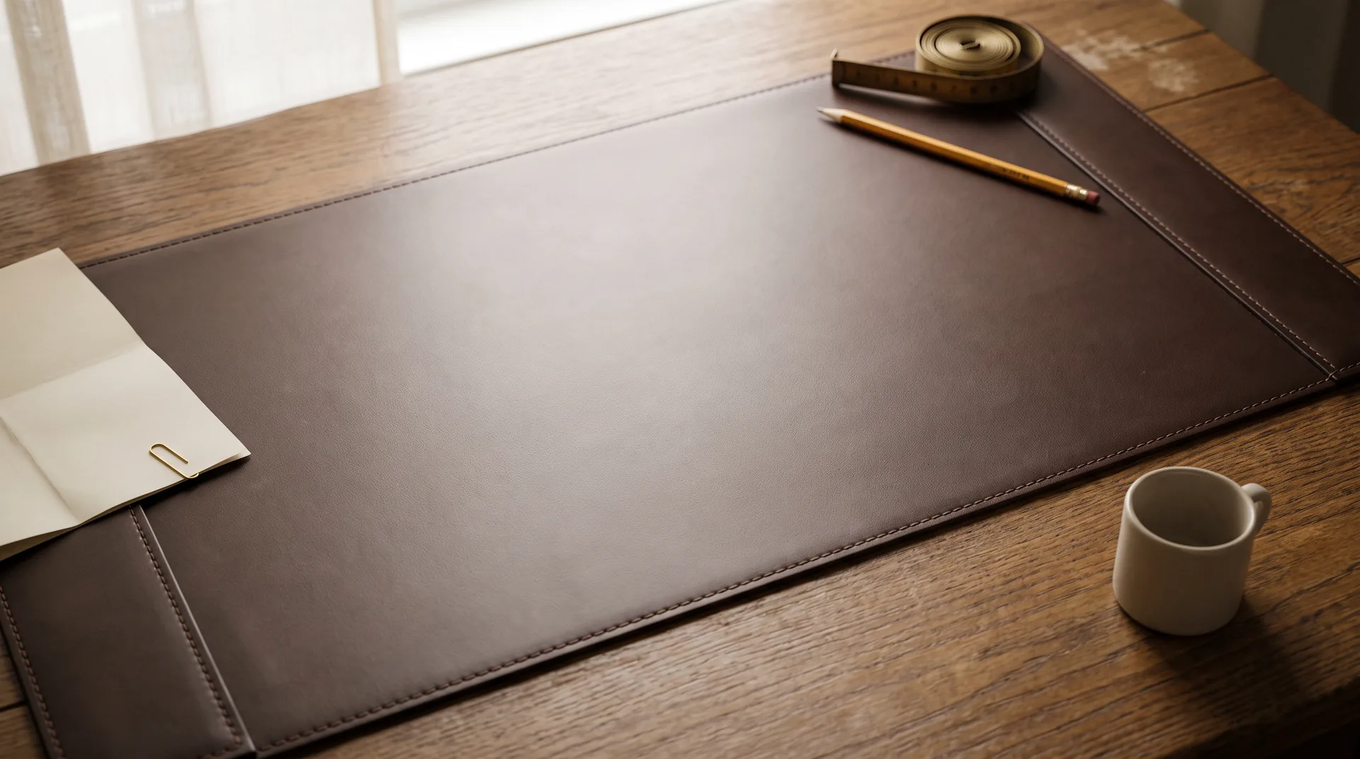 A dark leather desk mat on an oak desk with a pencil, a brass tape measure and a cup at the edges