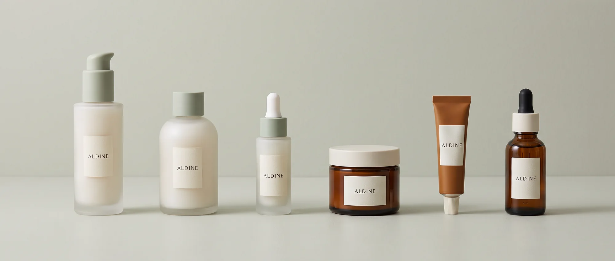 Six Aldine skincare products in a row: three frosted glass bottles and three amber ones