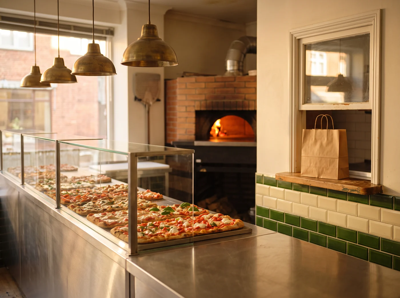 The counter of Aliante at golden hour, with trays of pizza, a brick oven and a take-away hatch