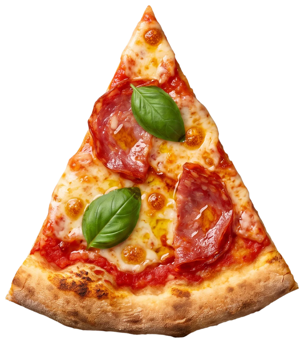 A single slice of Diavola pizza with salami, basil and melted mozzarella, tip pointing up