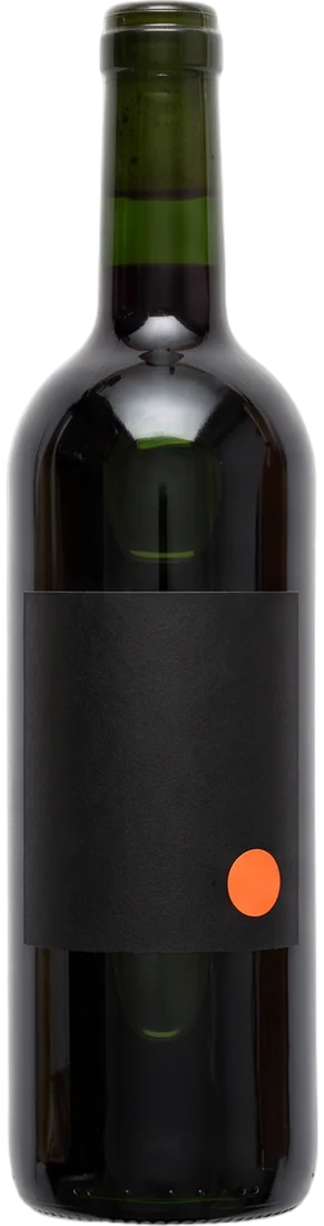 A dark green glass bottle of deep ruby wine with a matte black label and a round orange sticker