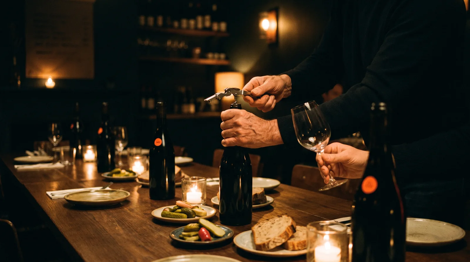Hands opening a bottle of wine at a candlelit dinner table