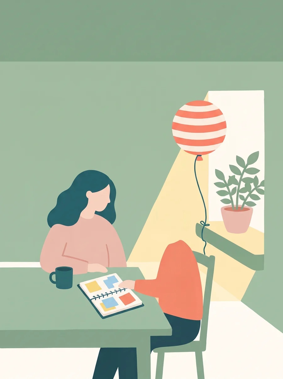 Illustration: an adult at a kitchen table by a big window with a mug, a planner and sticky notes, a striped balloon tied to the chair back