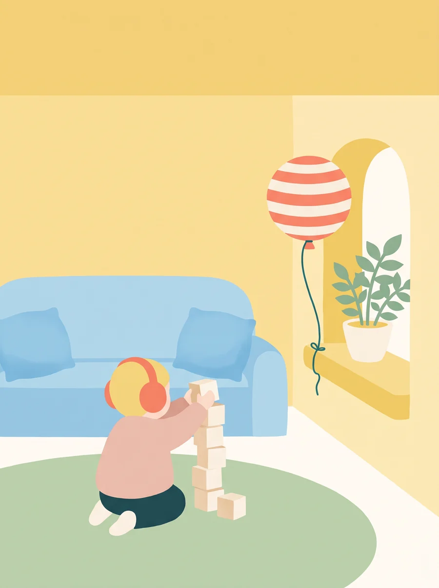 Illustration: a small child in coral ear defenders kneels on a green rug building a tower of blocks in a sunny playroom corner, a striped balloon tied to the window latch