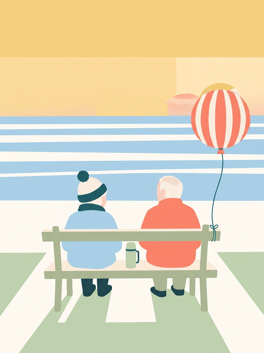 Illustration: an older couple sit side by side on a seafront bench at sunrise with a flask between them, a striped balloon tied to the bench arm