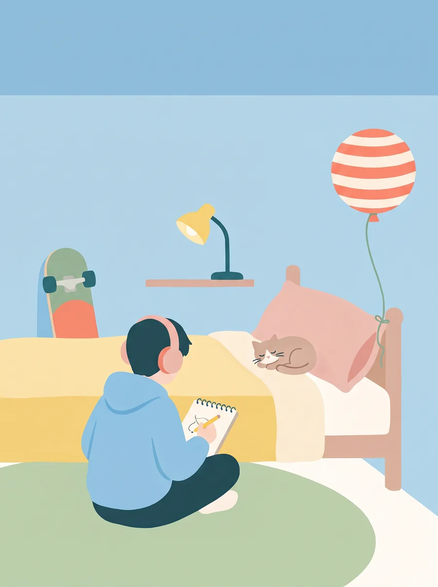 Illustration: a teenager in big headphones sits on a bed sketching in a notebook, a cat on the pillow and a striped balloon tied to the bedpost