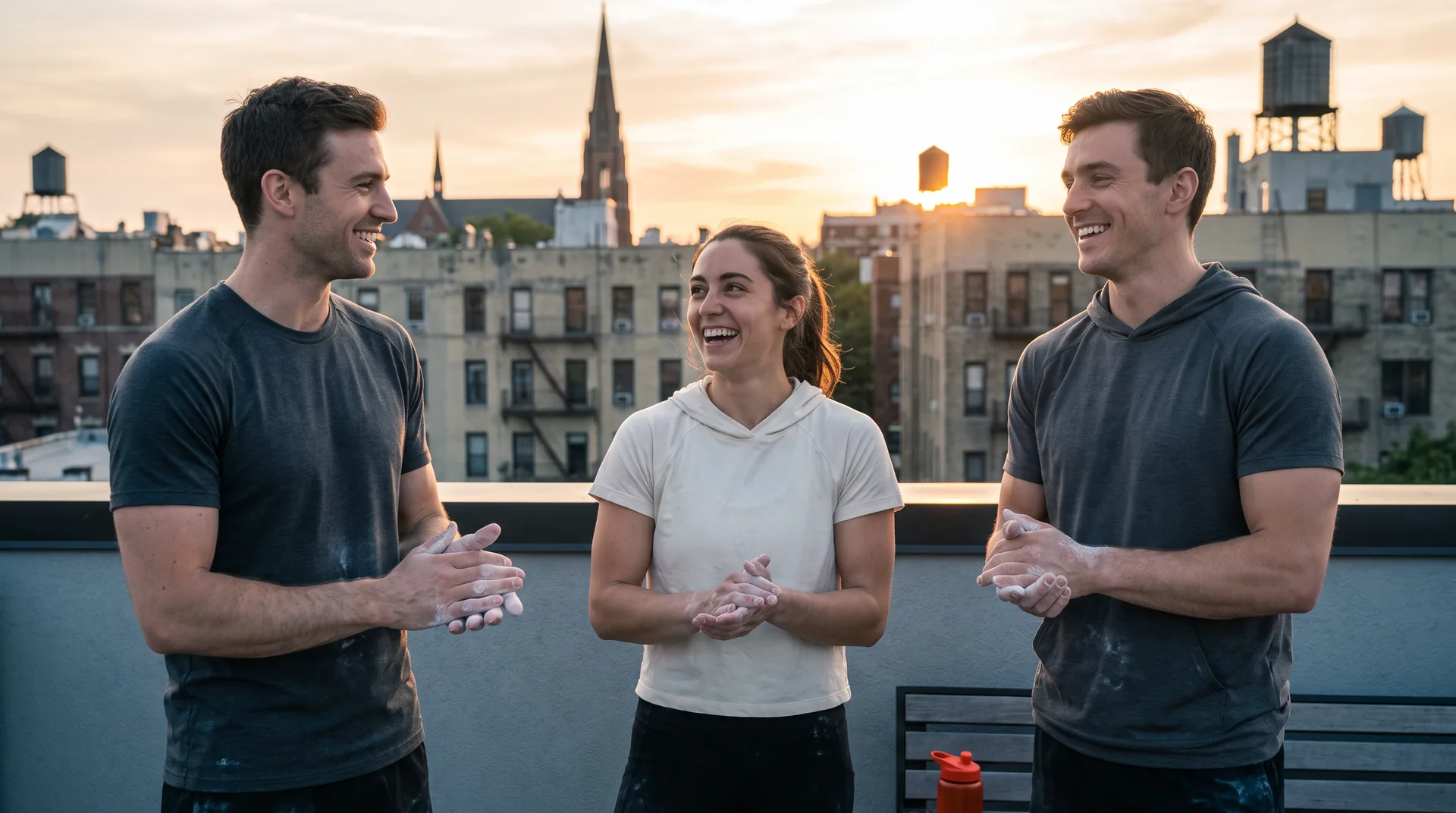 Three athletes laughing together on a rooftop terrace at golden hour