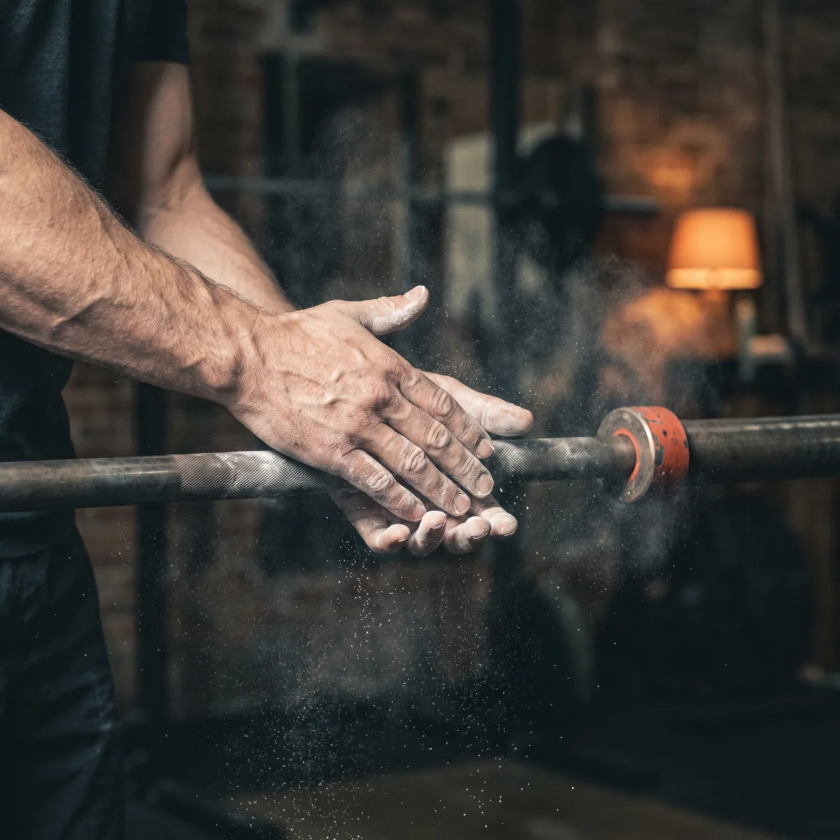 Chalked hands gripping a knurled steel barbell