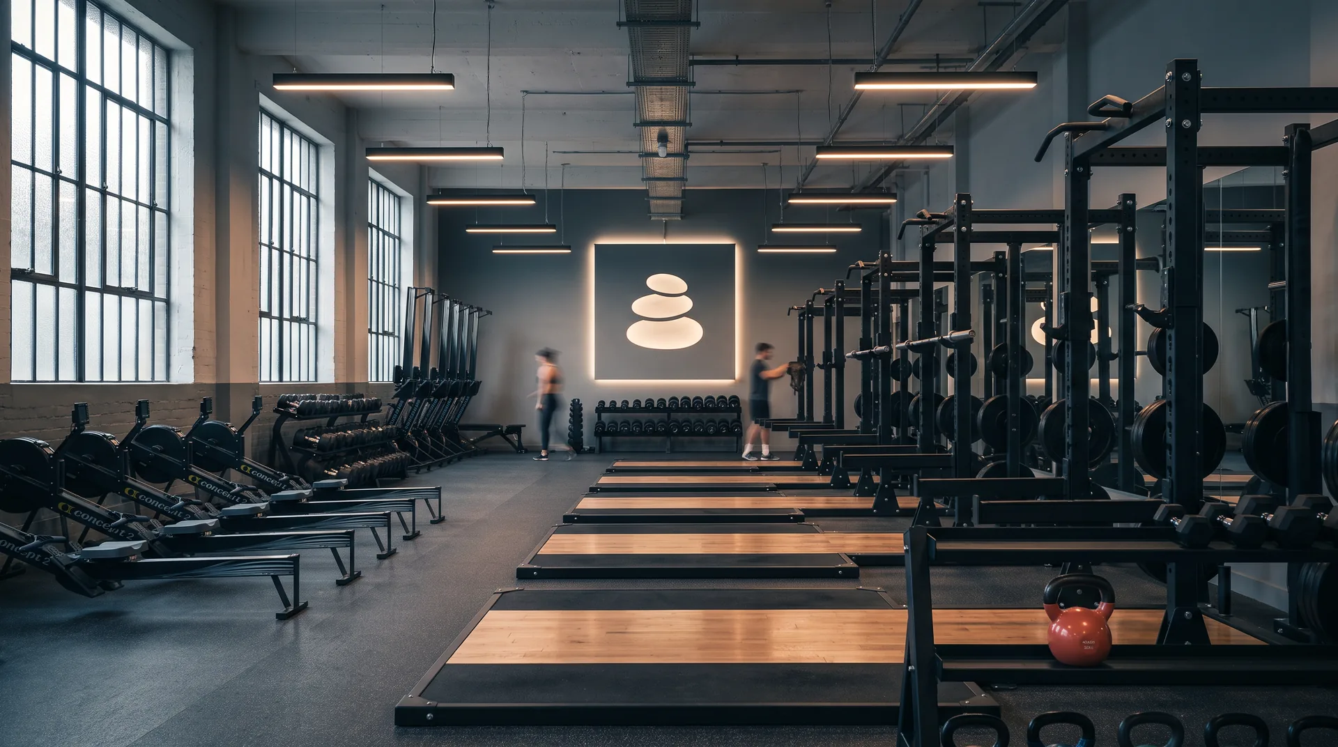 The free weights floor of a club with racks, timber platforms and rowing machines