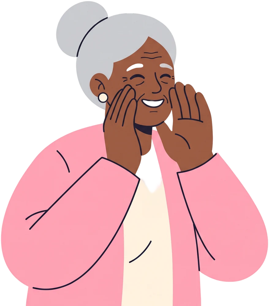 An older woman with a silver bun and a pink cardigan, calling out a cheerful hello