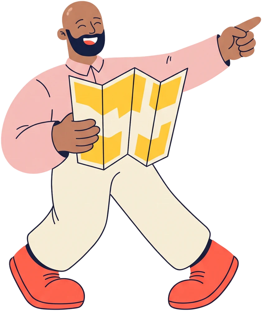 A bearded man striding forward with a big paper map, pointing ahead