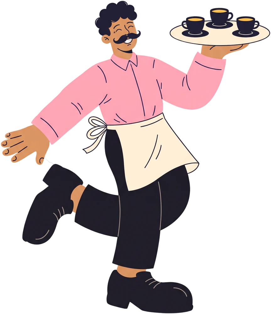 A cheerful waiter mid-spin, balancing a tray of tiny cups on one hand