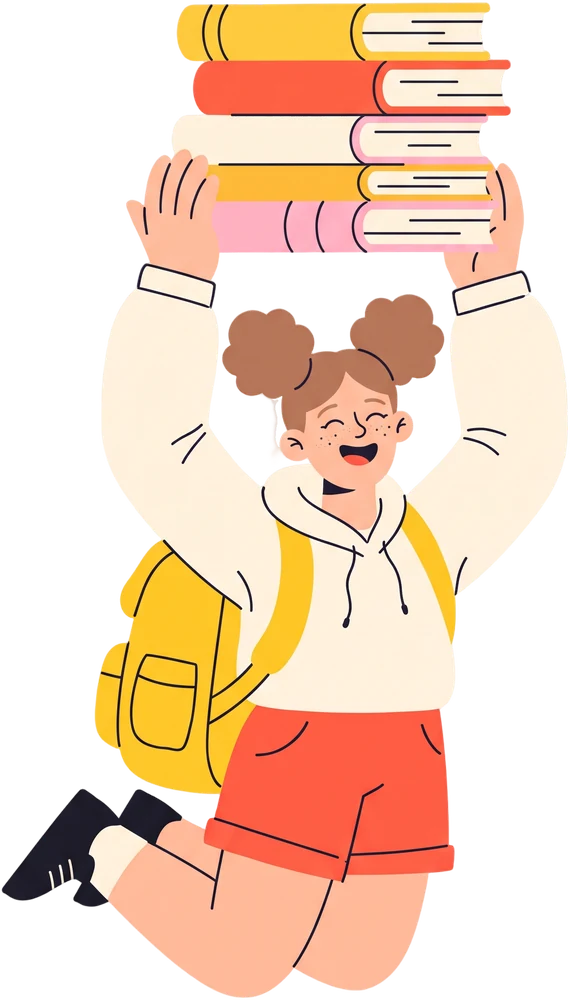 A delighted student with two hair buns floating up, holding a tall stack of books