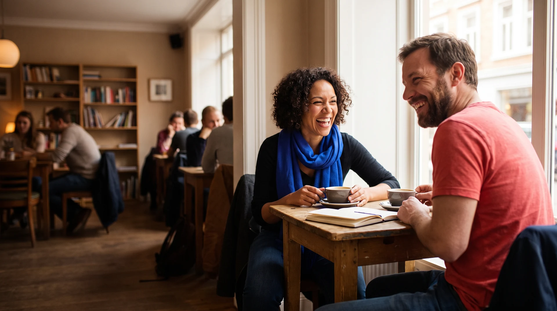 Two friends laughing across a cafe table over coffee and an open notebook
