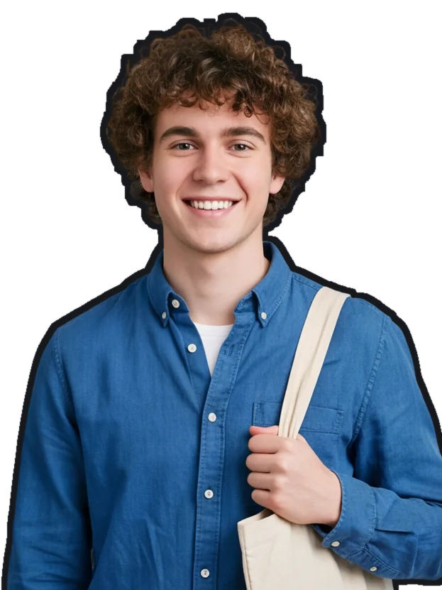 A fictional volunteer with curly hair and a tote bag