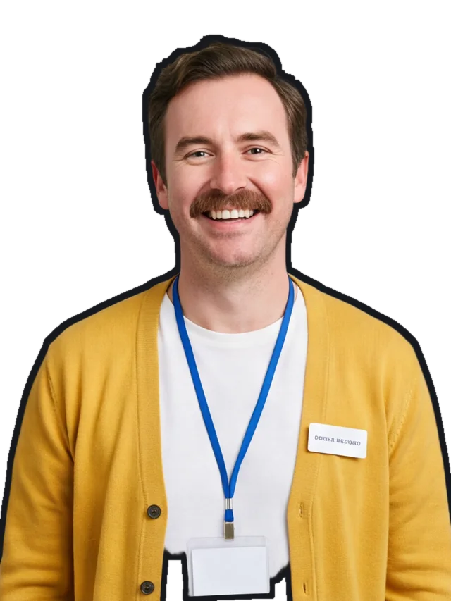 Marlow Quince, a fictional host with a moustache and a name badge
