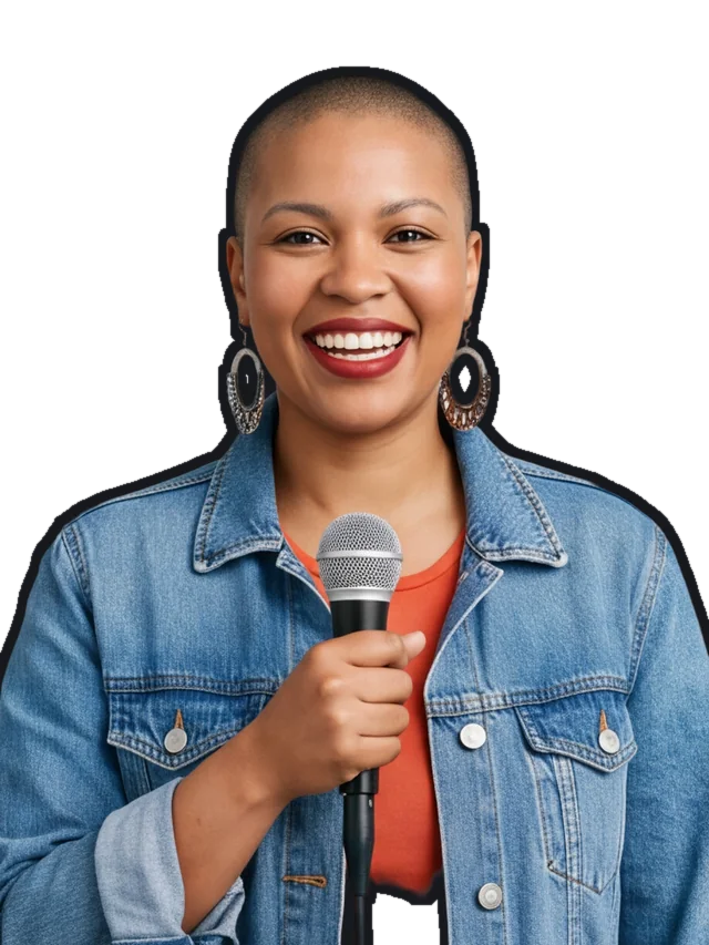 Dessa Orrin, a fictional stage manager in a denim jacket holding a microphone