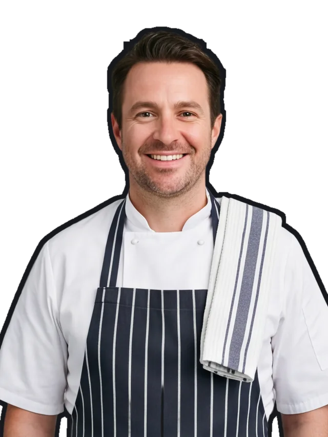 Kit Alderney, a fictional caterer in a striped apron
