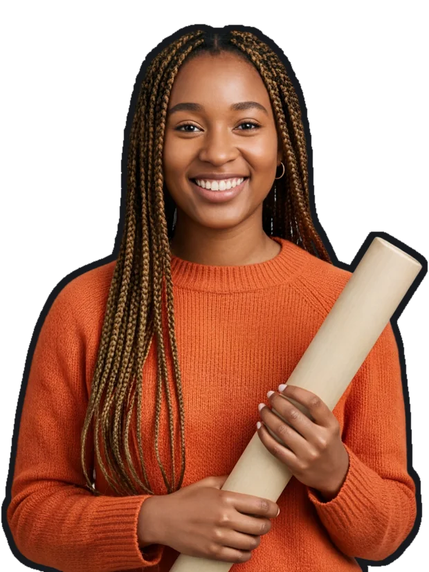 Nell Tavish, a fictional print volunteer with long braids holding a roll of paper