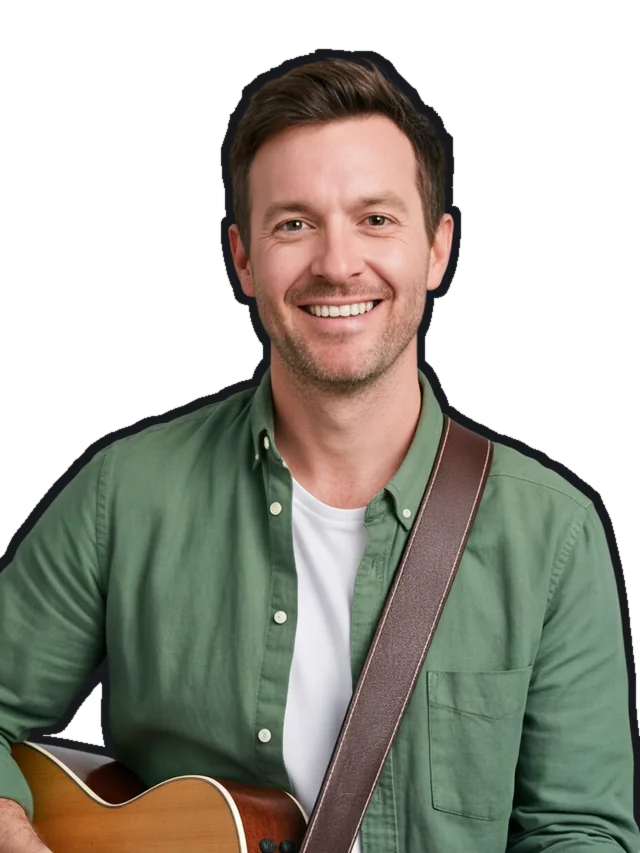 Rowan Pell, a fictional music organiser with a guitar strap on his shoulder
