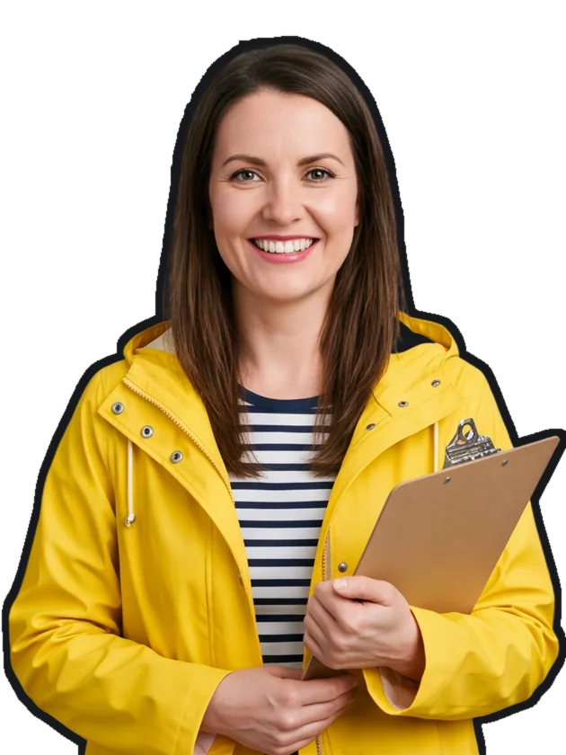 Juno Fairweather, a fictional door volunteer in a yellow raincoat holding a clipboard