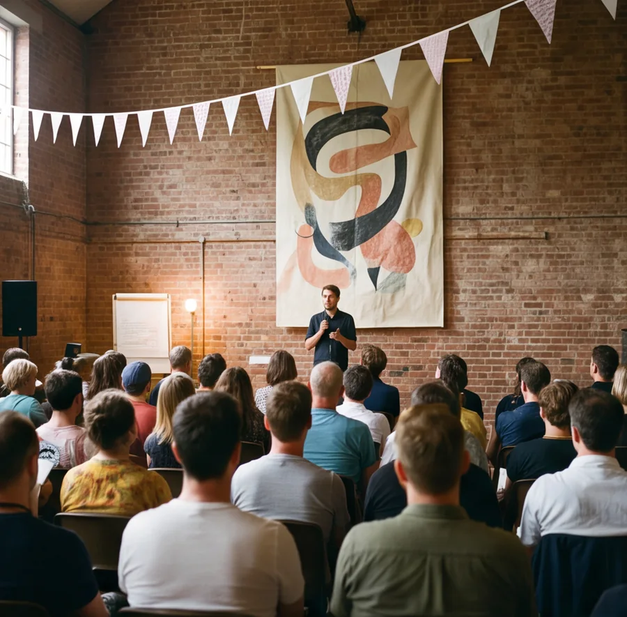 An audience watching a speaker on a small stage under a hand-painted banner