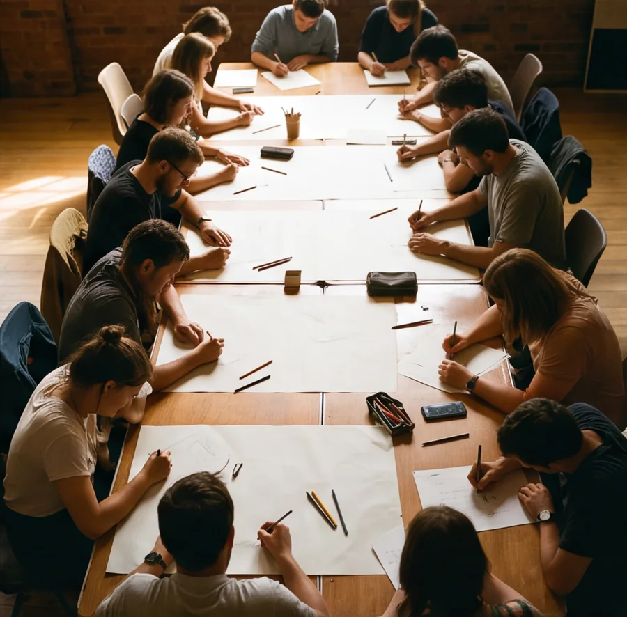 People drawing with pencils on big sheets of paper at a long wooden table
