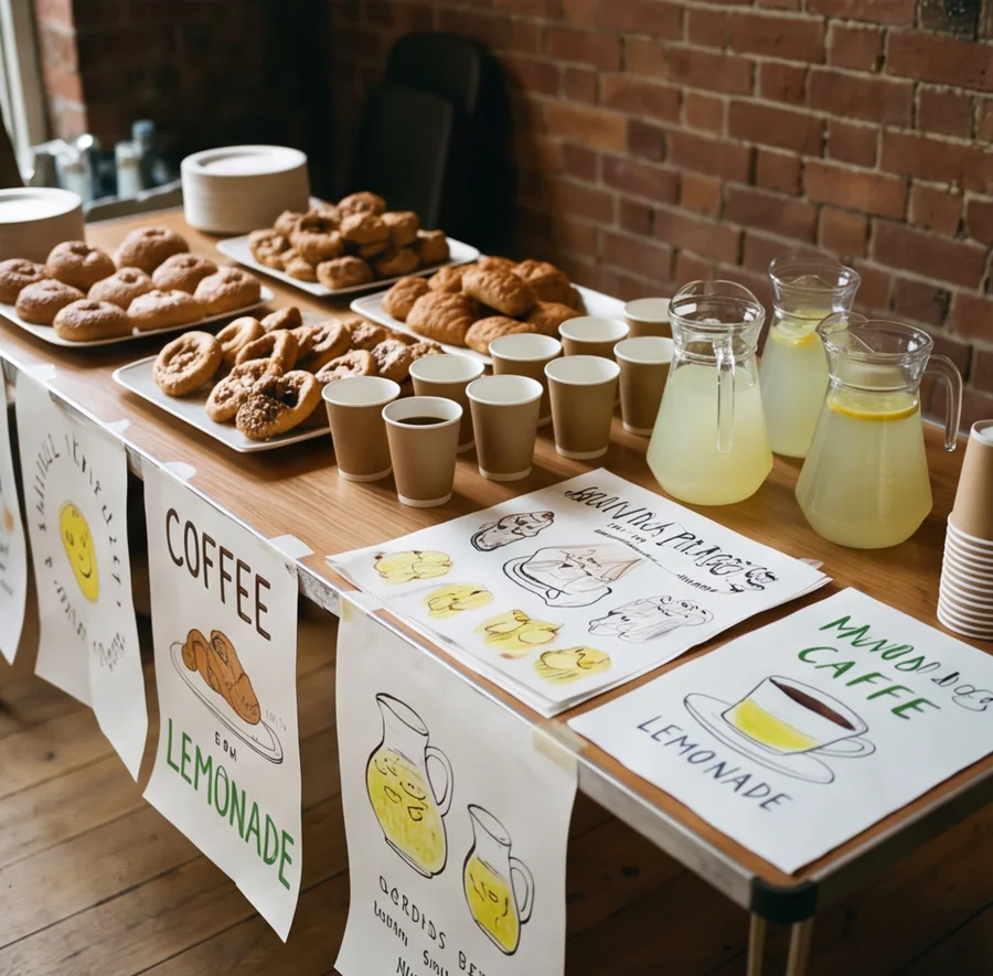 A table of pastries, coffee cups and jugs of lemonade