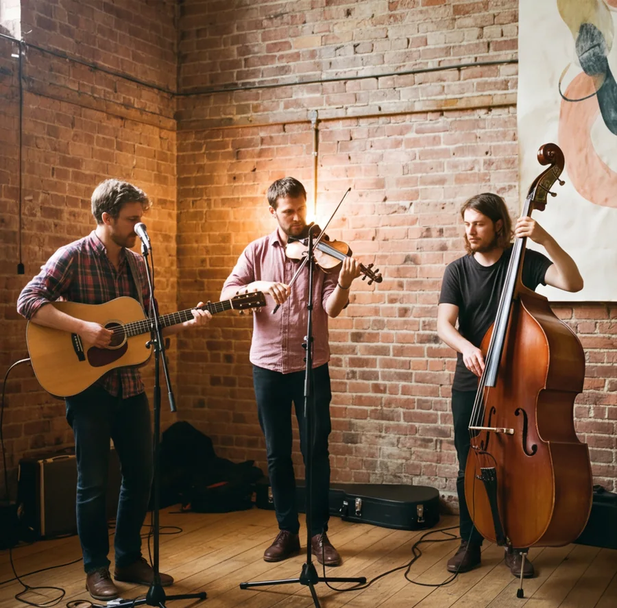 Three musicians playing acoustic instruments in a brick hall
