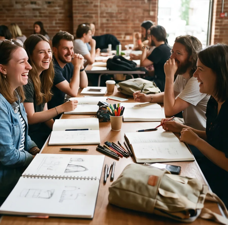 Six friends laughing around a table covered in sketchbooks