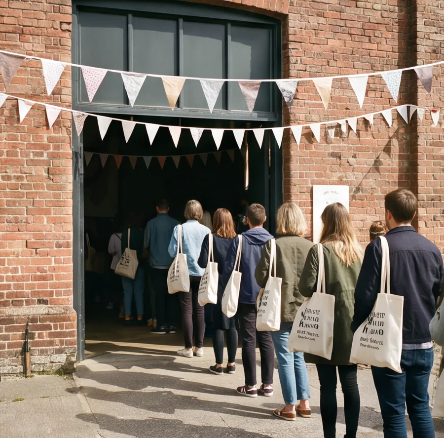 The hall entrance with bunting and a queue of people with tote bags