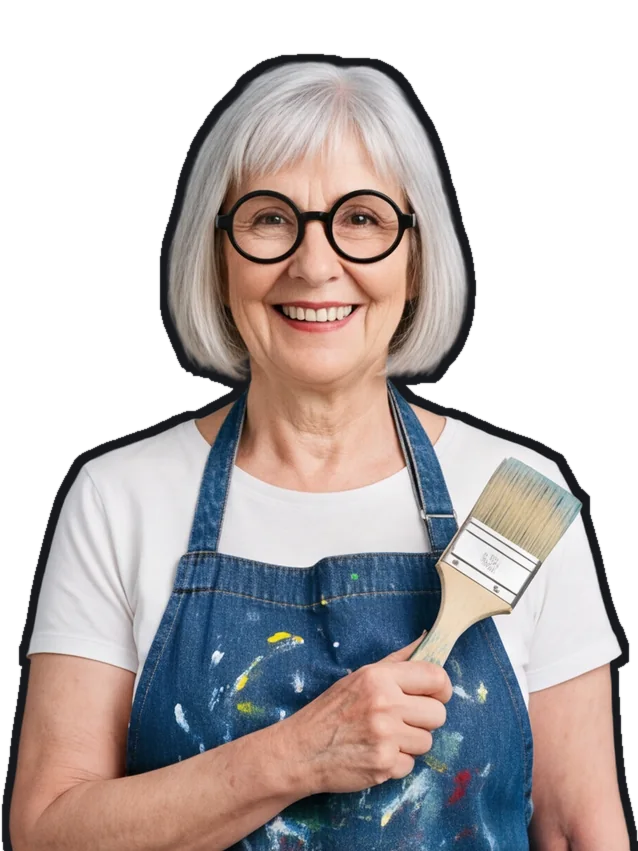 Ottoline Marsh, a fictional sign painter with silver hair and round glasses, holding a paintbrush