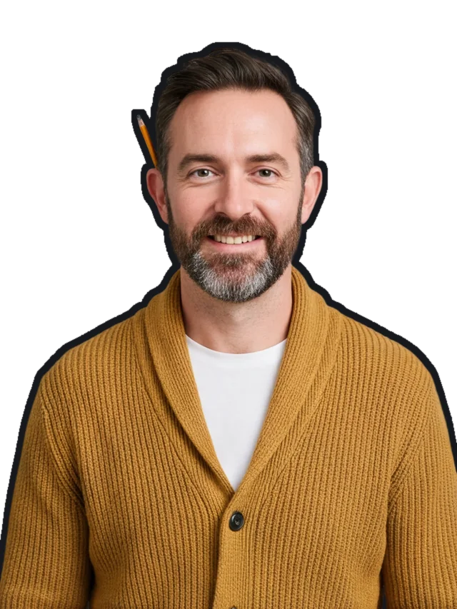Bram Kessel, a fictional type designer in a mustard cardigan with a pencil behind his ear