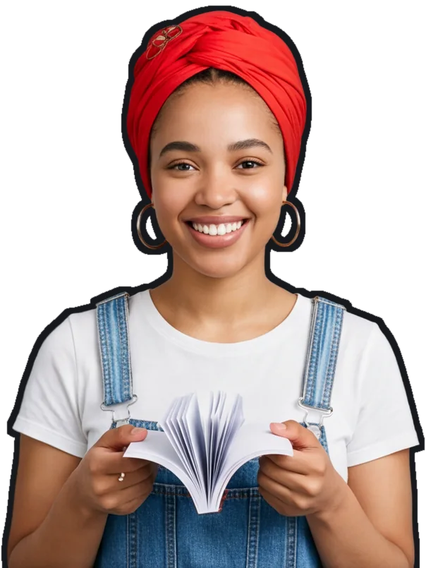Ines Valdry, a fictional animator in a red headscarf holding a small flipbook