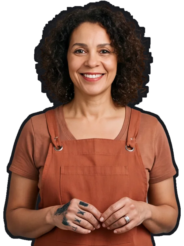 Perpetua Lund, a fictional printmaker with curly hair in a canvas apron