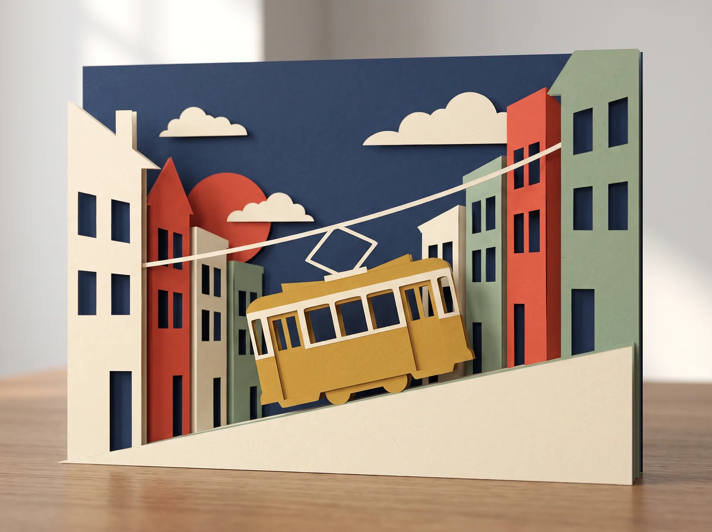 Paper diorama of a yellow tram climbing a steep street between tall narrow paper houses.