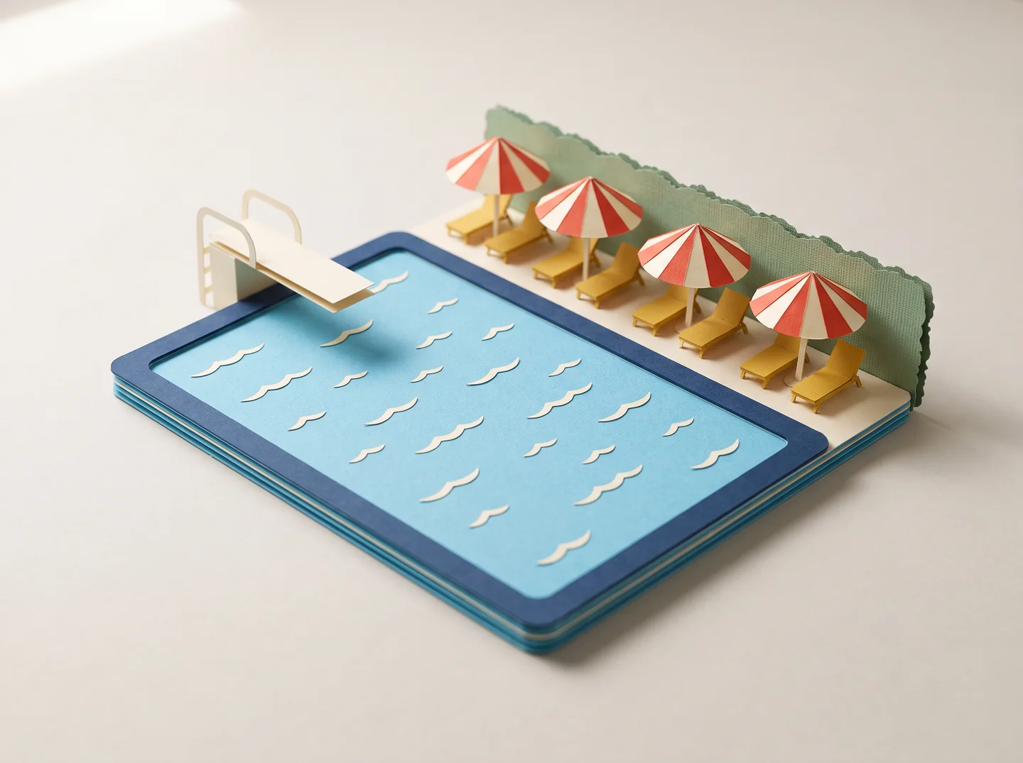 Paper diorama of a seaside swimming pool with a diving board, striped parasols and yellow loungers.