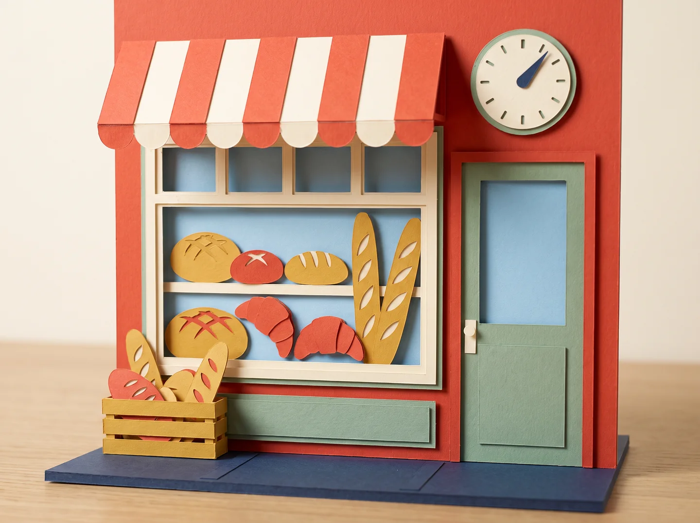 Paper diorama of a bakery shopfront with a striped awning and a window full of loaves and croissants.