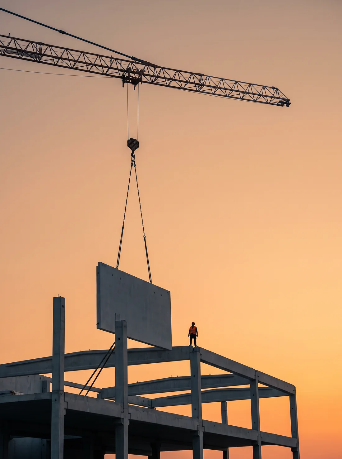 The hook block of a tower crane lowering a precast concrete wall panel toward a concrete frame against an orange dusk sky