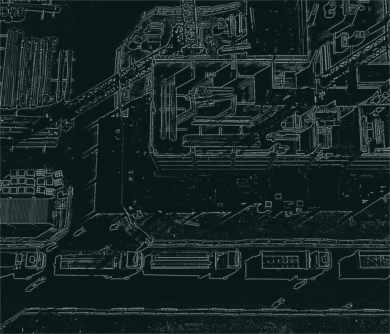 An edge-traced wireframe of the building frame, cranes and laydown yard on a dark ground
