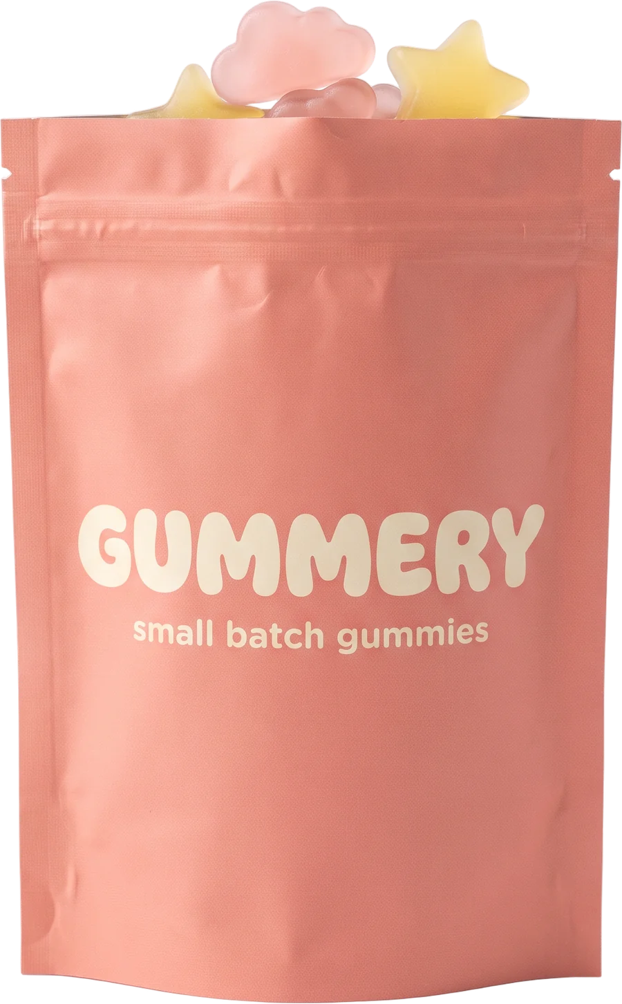 A peach pink Gummery pouch of gummies with a few pieces peeking out of the top
