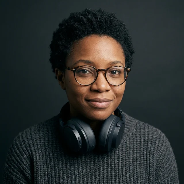 Maren Okafor, a fictional podcast host in round tortoiseshell glasses and a charcoal sweater, headphones around her neck