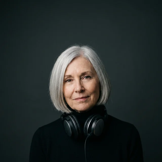 Odile Faure, a fictional podcast host with a silver bob and a black turtleneck, headphones around her neck