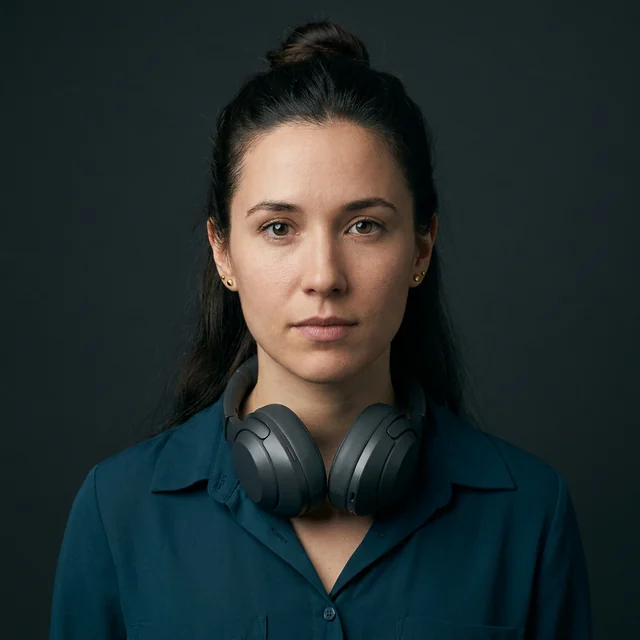 Priya Rao, a fictional podcast host with dark hair tied back and a deep teal shirt, headphones around her neck