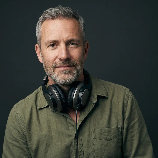 Tomas Brandt, a fictional podcast host with cropped grey hair and a salt and pepper beard, in an olive overshirt, headphones around his neck