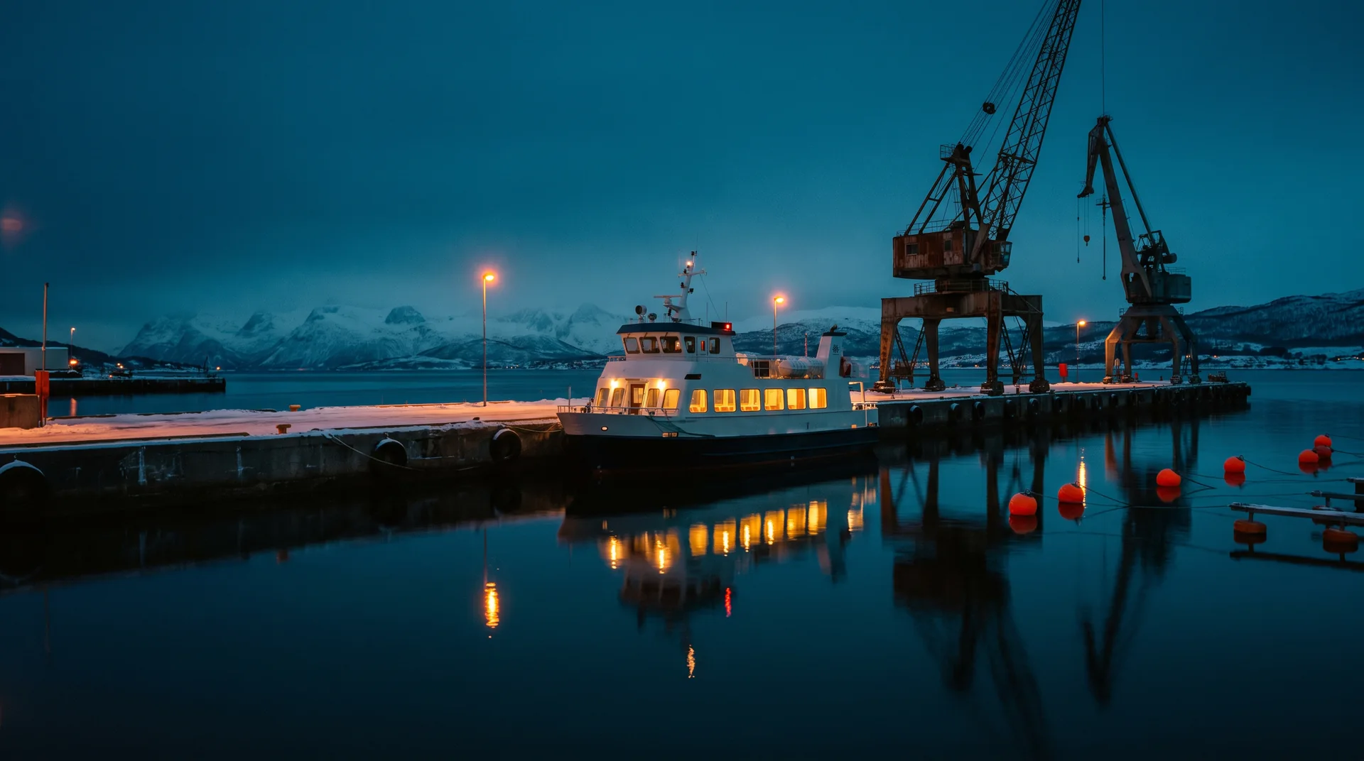 A ferry with lit windows moored at a quiet Nordic harbour at blue hour