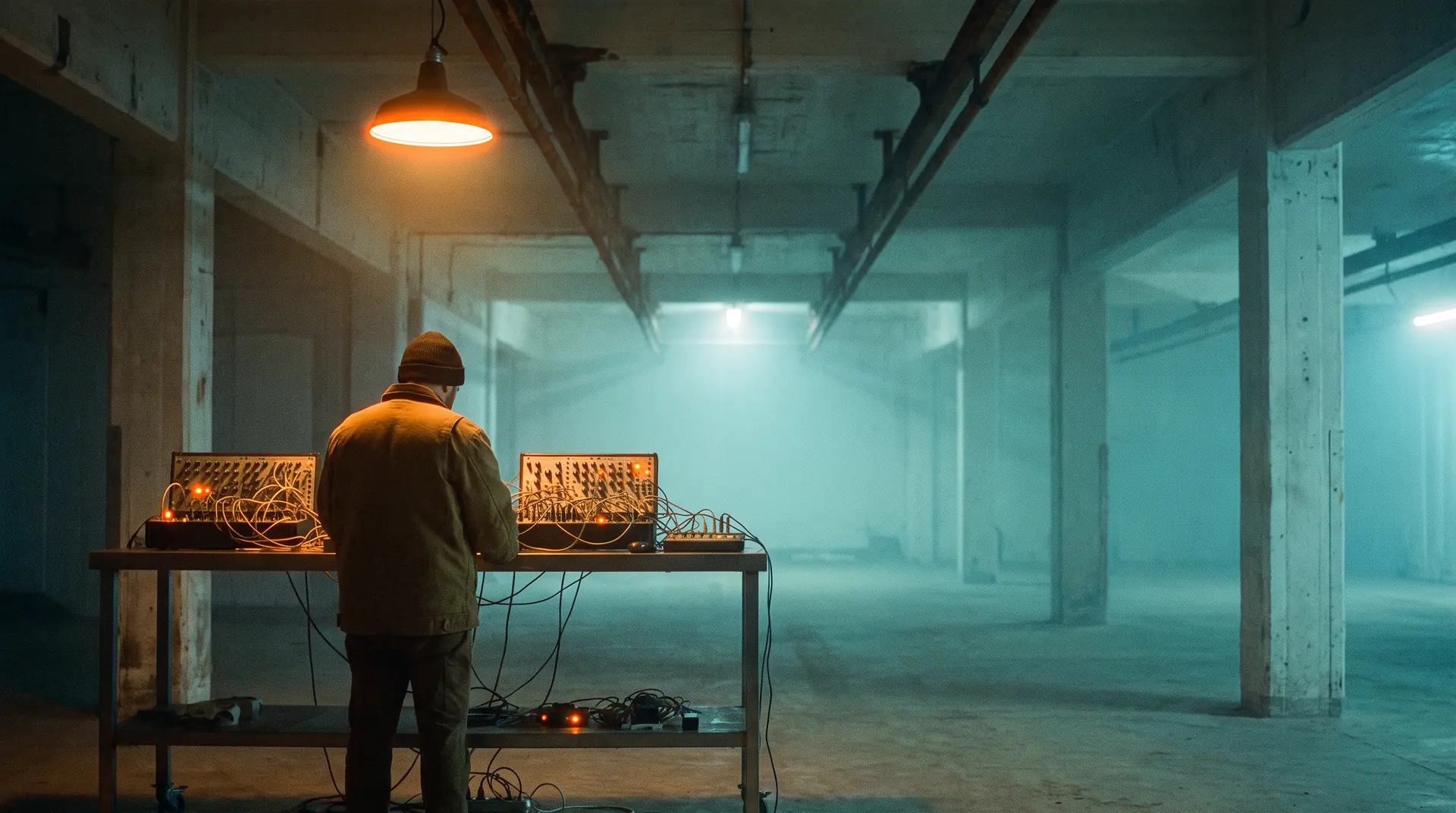 A musician at a table of synthesizers in a concrete hall