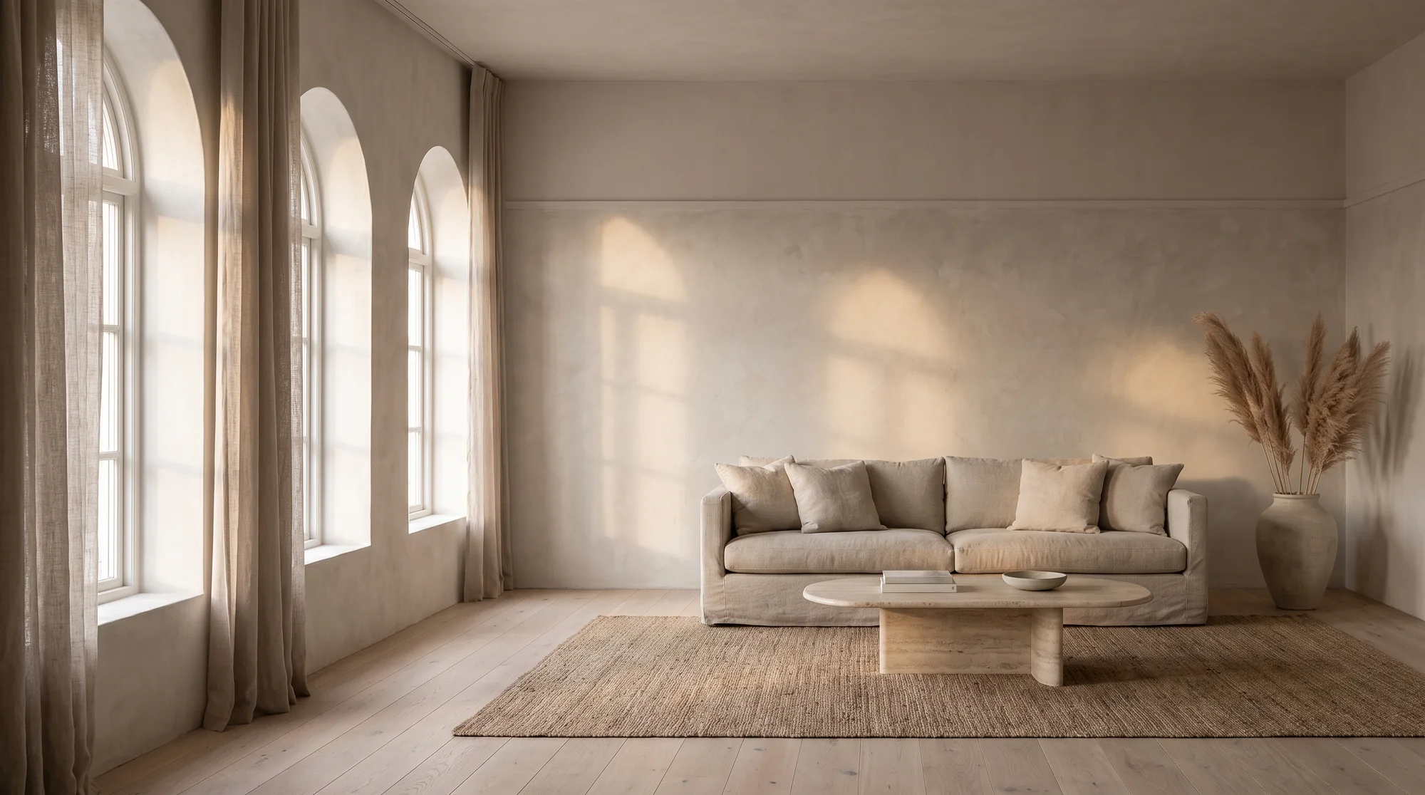 A calm living room with tall arched windows, a limewashed wall, a travertine table and a linen sofa in morning light