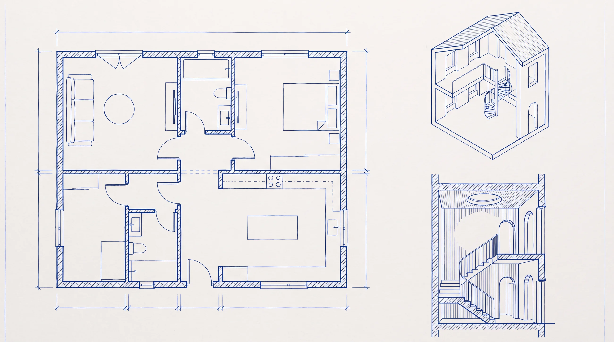 A measured floor plan drawn in blue ink