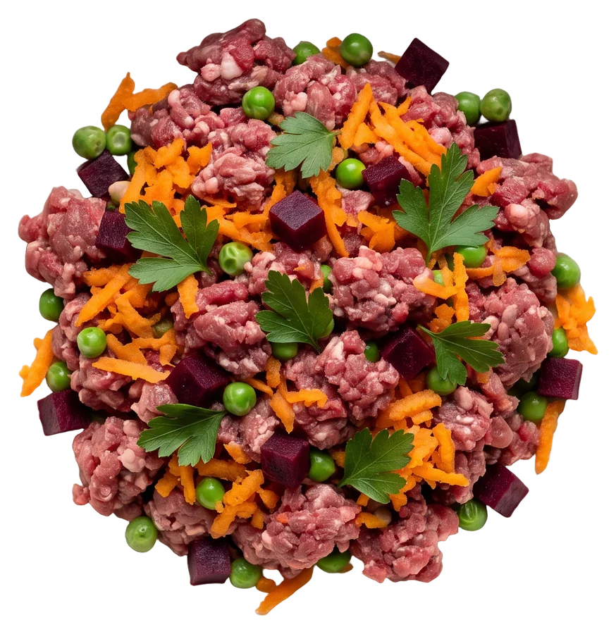 A bowl of fresh raw pet food with mince, carrot, peas and beetroot, seen from above